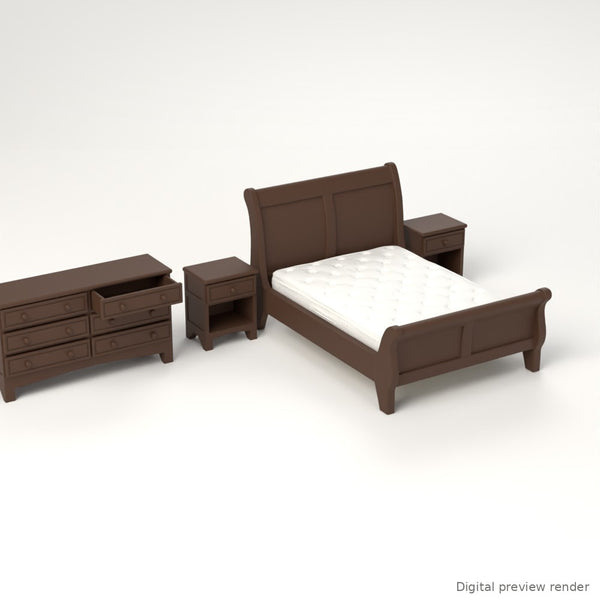 1:24 Dollhouse Miniature Queen Sleigh Bedroom Set, 5 Pieces – Dark Walnut – digital preview render