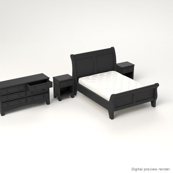 1:24 Dollhouse Miniature Queen Sleigh Bedroom Set, 5 Pieces – Black – digital preview render