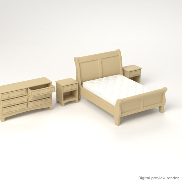 1:24 Dollhouse Miniature Queen Sleigh Bedroom Set, 5 Pieces – Natural Oak – digital preview render