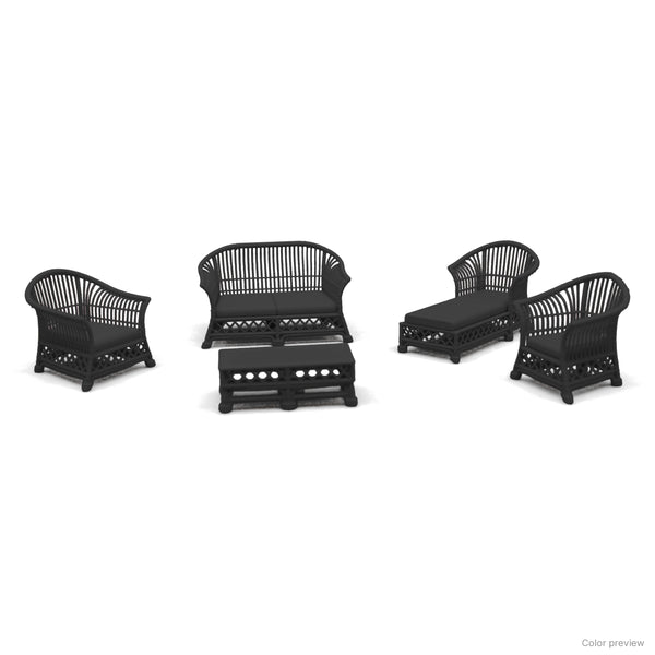 Miniature rattan patio set in Ebony arranged as a conversation grouping around the coffee table