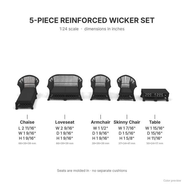 Dimensions in inches for all 5 pieces of the 1:24 scale reinforced wicker set, shown in Ebony