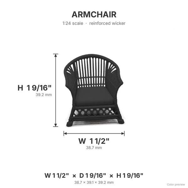 Wicker arm chair dimensions: 1 1/2 in W x 1 9/16 in D x 1 9/16 in H, shown in Ebony