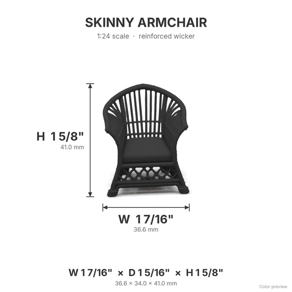 Skinny wicker arm chair dimensions: 1 7/16 in W x 1 5/16 in D x 1 5/8 in H, shown in Ebony