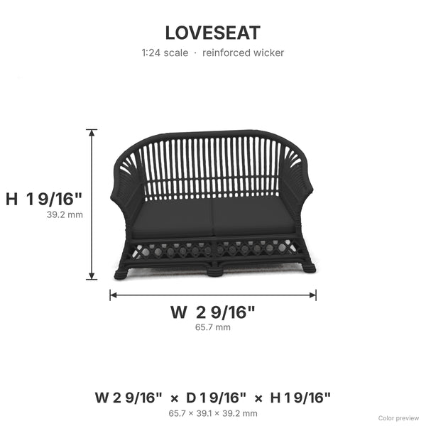 Wicker loveseat dimensions: 2 9/16 in W x 1 9/16 in D x 1 9/16 in H, shown in Ebony