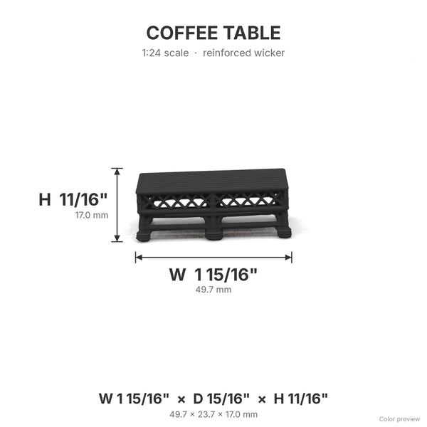 Wicker coffee table dimensions: 1 15/16 in W x 15/16 in D x 11/16 in H, shown in Ebony