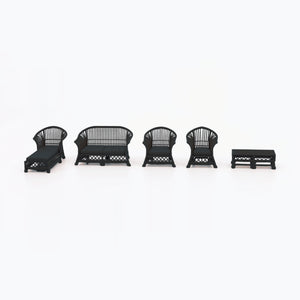 1:24 Dollhouse Miniature Wicker-Style Furniture Set, 5 Piece Patio Set – Ebony - all five pieces lined up side by side (digital recolor, color preview)
