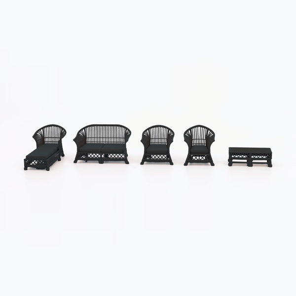 1:24 Dollhouse Miniature Wicker-Style Furniture Set, 5 Piece Patio Set – Ebony - all five pieces lined up side by side (digital recolor, color preview)