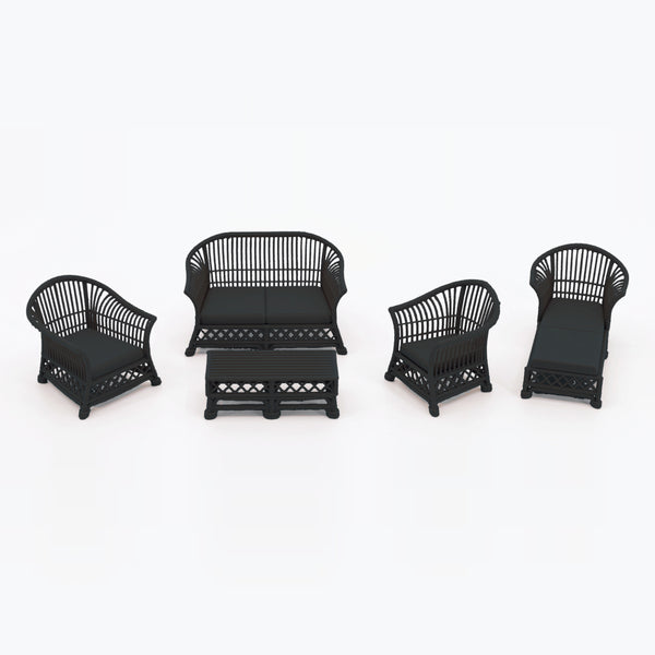 1:24 Dollhouse Miniature Wicker-Style Arm Chair, Patio Chair – Ebony - shown with the matching 5-piece set (other pieces sold separately) (digital recolor, color preview)