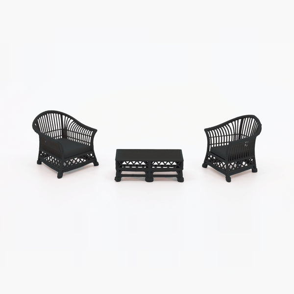 1:24 Dollhouse Miniature Wicker-Style Bistro Set, 3 Piece – Ebony - two arm chairs and coffee table (digital recolor, color preview)