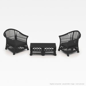 1:24 wicker-style dollhouse bistro set in Ebony: two arm chairs and coffee table (digital composite, color preview)