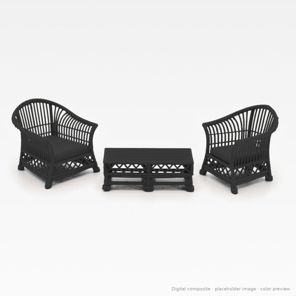 1:24 wicker-style dollhouse bistro set in Ebony: two arm chairs and coffee table (digital composite, color preview)