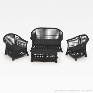 1:24 wicker-style dollhouse conversation set in Ebony: loveseat, two arm chairs and coffee table (digital composite, color preview)