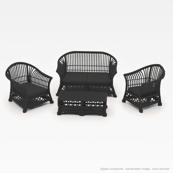 1:24 wicker-style dollhouse conversation set in Ebony: loveseat, two arm chairs and coffee table (digital composite, color preview)