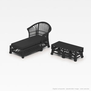 1:24 wicker-style dollhouse lounge set in Ebony: chaise lounge and coffee table (digital composite, color preview)