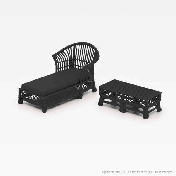 1:24 wicker-style dollhouse lounge set in Ebony: chaise lounge and coffee table (digital composite, color preview)