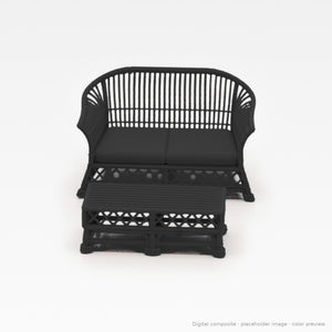 1:24 wicker-style dollhouse sofa set in Ebony: loveseat and coffee table (digital composite, color preview)