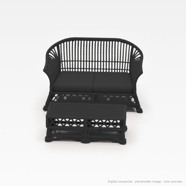 1:24 wicker-style dollhouse sofa set in Ebony: loveseat and coffee table (digital composite, color preview)