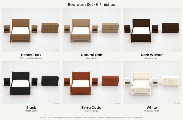 1:24 dollhouse sleigh bedroom set, swatch of 6 finishes: Honey Teak, Natural Oak, Dark Walnut, Black, Terra Cotta, White