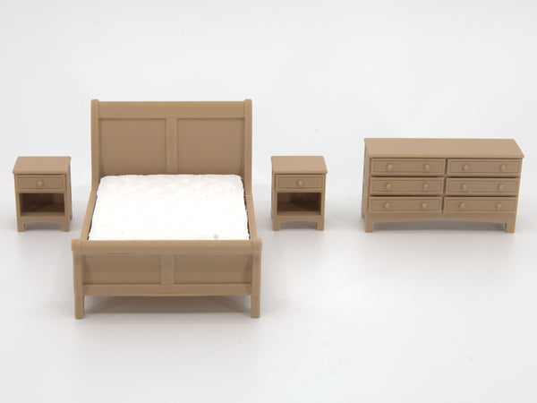 1:24 dollhouse sleigh bedroom set in Natural Oak, staged together, real photo