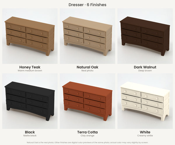 1:24 dollhouse dresser, swatch of 6 finishes: Honey Teak, Natural Oak, Dark Walnut, Black, Terra Cotta, White