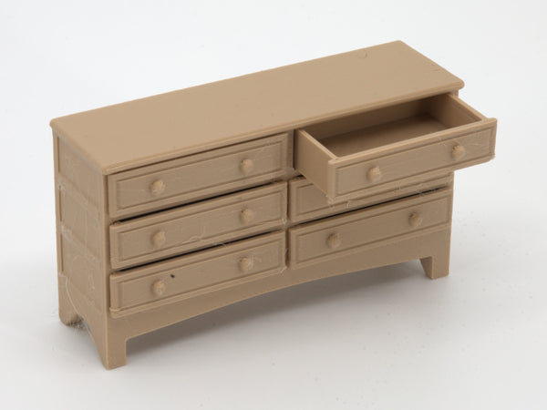 1:24 dollhouse dresser in Natural Oak, 3/4 view with a drawer open, real photo