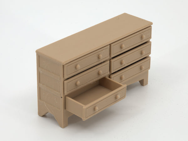 1:24 dollhouse dresser in Natural Oak, 3/4 view with drawers open, real photo