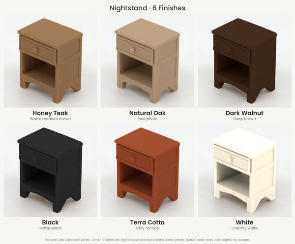 1:24 dollhouse nightstand, swatch of 6 finishes: Honey Teak, Natural Oak, Dark Walnut, Black, Terra Cotta, White