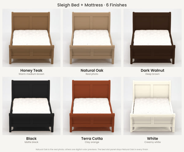 1:24 dollhouse sleigh bed, swatch of 6 finishes: Honey Teak, Natural Oak, Dark Walnut, Black, Terra Cotta, White; slat panel stays Natural Oak