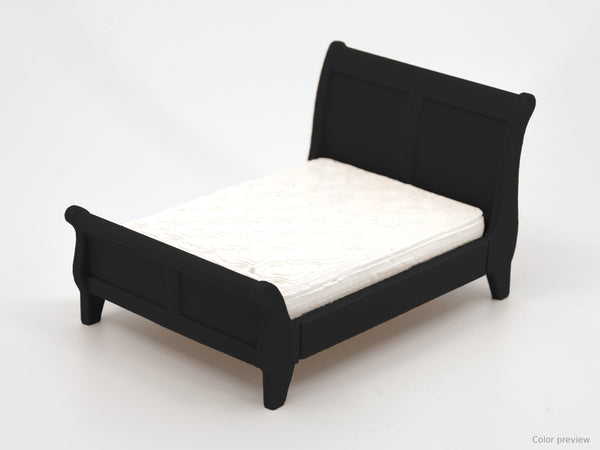 1:24 dollhouse sleigh bed with mattress in Black, digital color preview of our real photo (slat panel stays Natural Oak)
