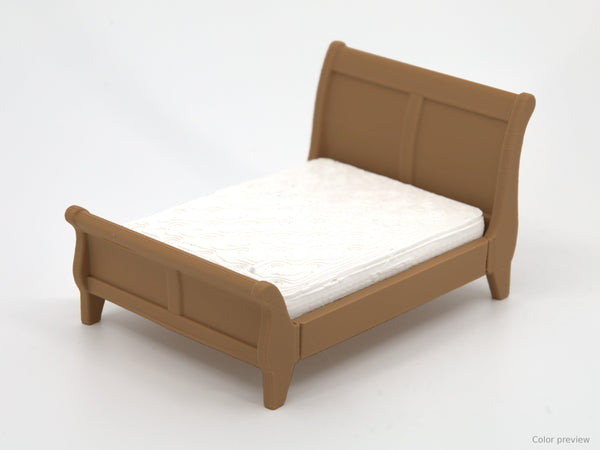 1:24 dollhouse sleigh bed with mattress in Honey Teak, digital color preview of our real photo (slat panel stays Natural Oak)