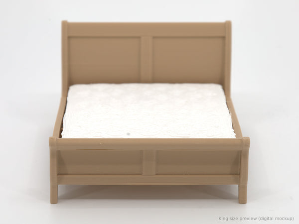 1:24 dollhouse king sleigh bed with mattress in Natural Oak, digital size mockup made from our queen photo