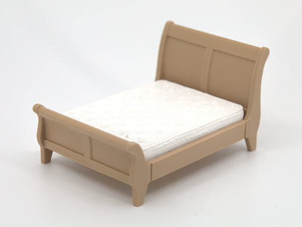 1:24 dollhouse queen sleigh bed with mattress in Natural Oak, 3/4 view, real photo