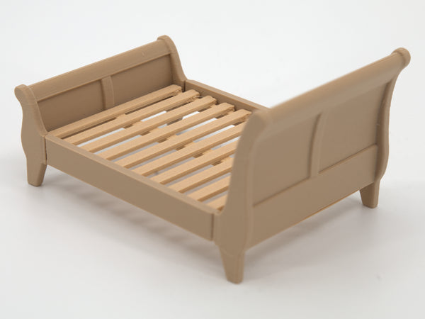 1:24 dollhouse sleigh bed frame and slats in Natural Oak, 3/4 view, real photo