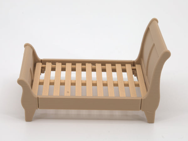 1:24 dollhouse sleigh bed frame and slats in Natural Oak, side view, real photo
