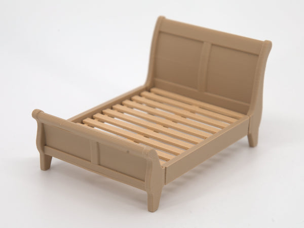 1:24 dollhouse sleigh bed frame in Natural Oak without mattress, slat panel, real photo