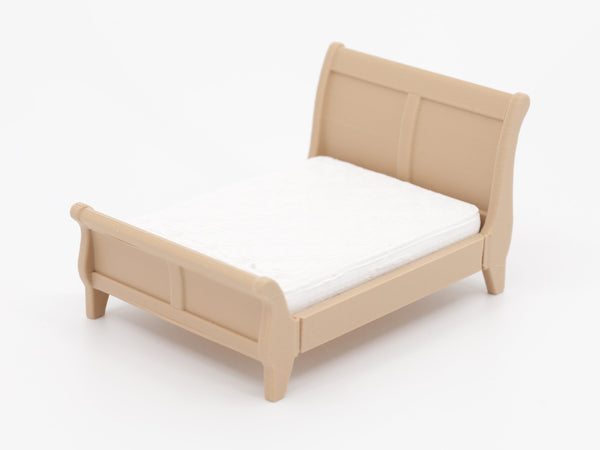 1:24 dollhouse queen sleigh bed with mattress in Natural Oak, 3/4 view, real photo