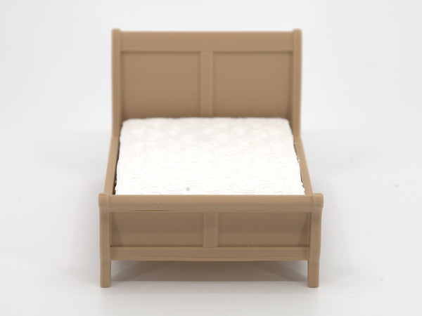 1:24 dollhouse queen sleigh bed with mattress in Natural Oak, front view, real photo