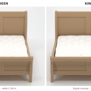 1:24 dollhouse sleigh bed size comparison: queen (real photo) vs king (digital mockup)