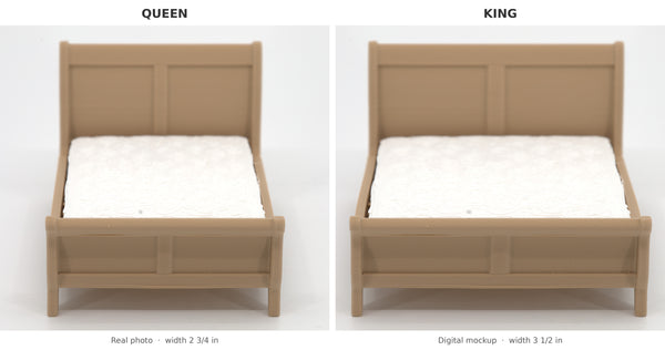 1:24 dollhouse sleigh bed size comparison: queen (real photo) vs king (digital mockup)