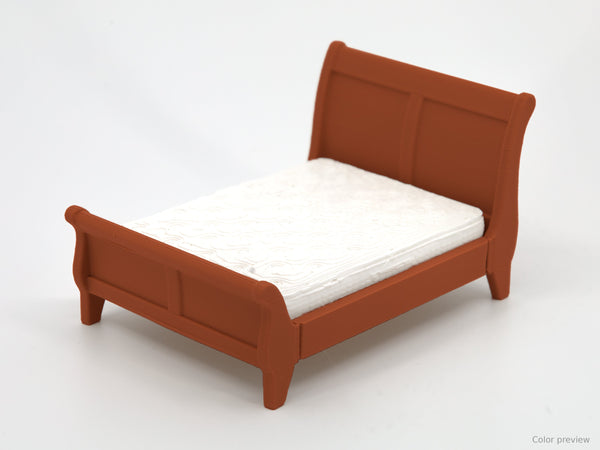 1:24 dollhouse sleigh bed with mattress in Terra Cotta, digital color preview of our real photo (slat panel stays Natural Oak)