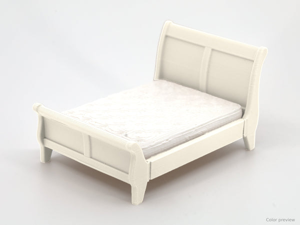 1:24 dollhouse sleigh bed with mattress in White, digital color preview of our real photo (slat panel stays Natural Oak)