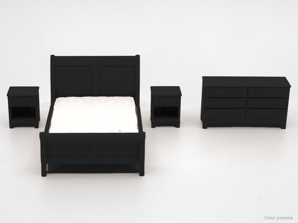 1:24 dollhouse sleigh bedroom set in Black, digital color preview of our real photo