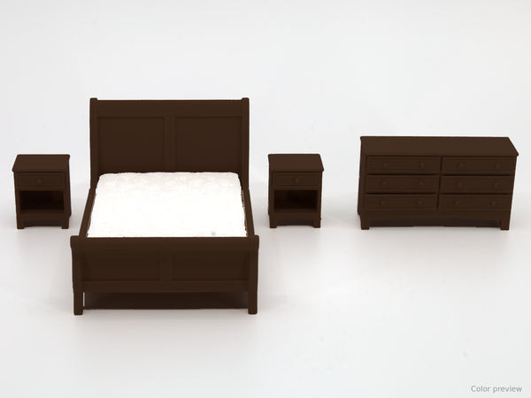 1:24 dollhouse sleigh bedroom set in Dark Walnut, digital color preview of our real photo