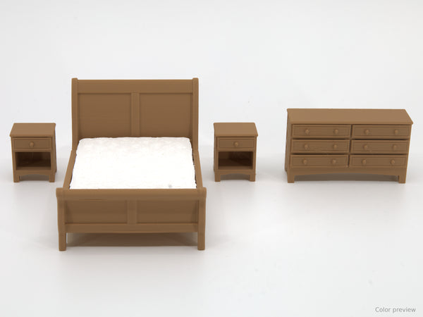 1:24 dollhouse sleigh bedroom set in Honey Teak, digital color preview of our real photo