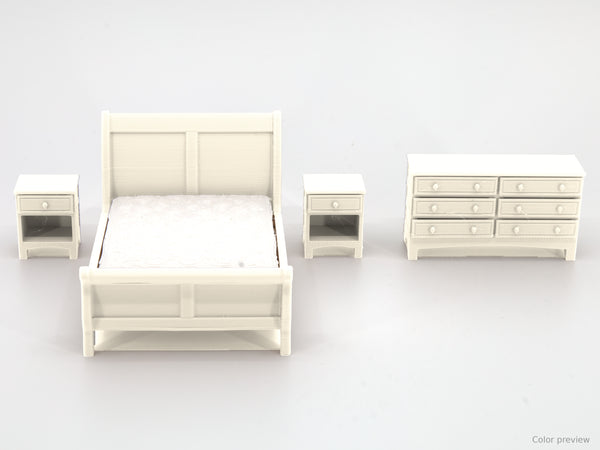 1:24 dollhouse sleigh bedroom set in White, digital color preview of our real photo
