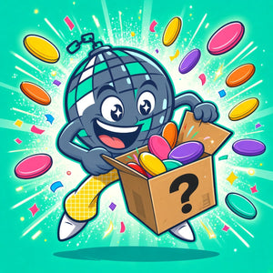 GolfDisco disco ball mascot opening a disc golf mystery box