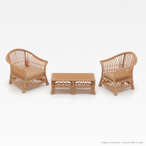 1:24 wicker-style dollhouse bistro set in Teak: two arm chairs and coffee table (digital composite)