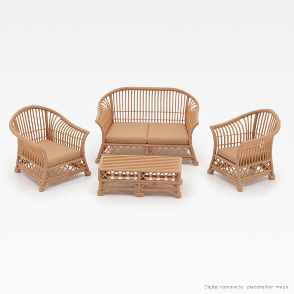 1:24 wicker-style dollhouse conversation set in Teak: loveseat, two arm chairs and coffee table (digital composite)