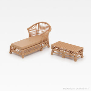 1:24 wicker-style dollhouse lounge set in Teak: chaise lounge and coffee table (digital composite)