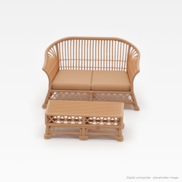 1:24 wicker-style dollhouse sofa set in Teak: loveseat and coffee table (digital composite)